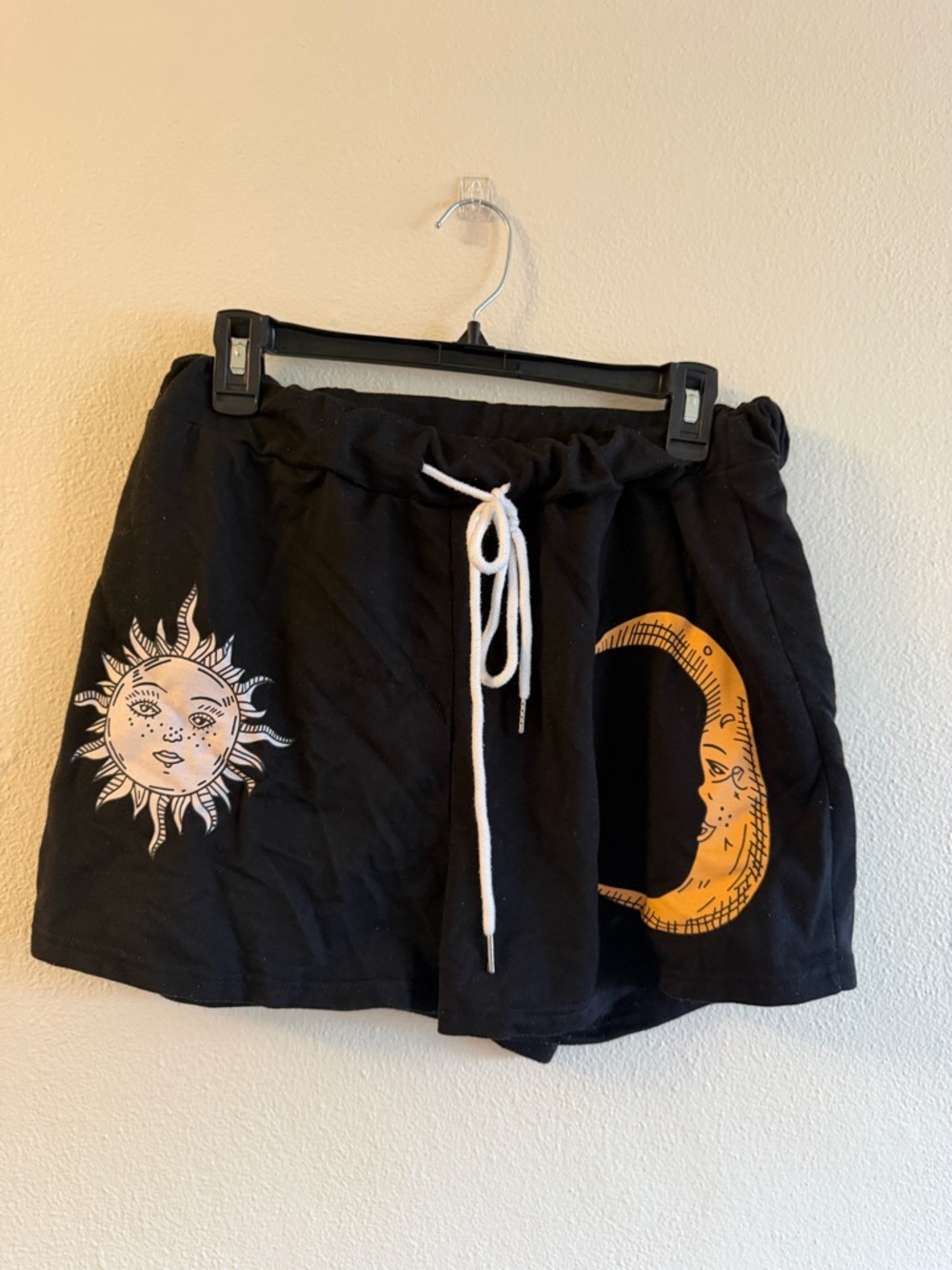 Black Sun & Moon Graphic Drawstring Shorts